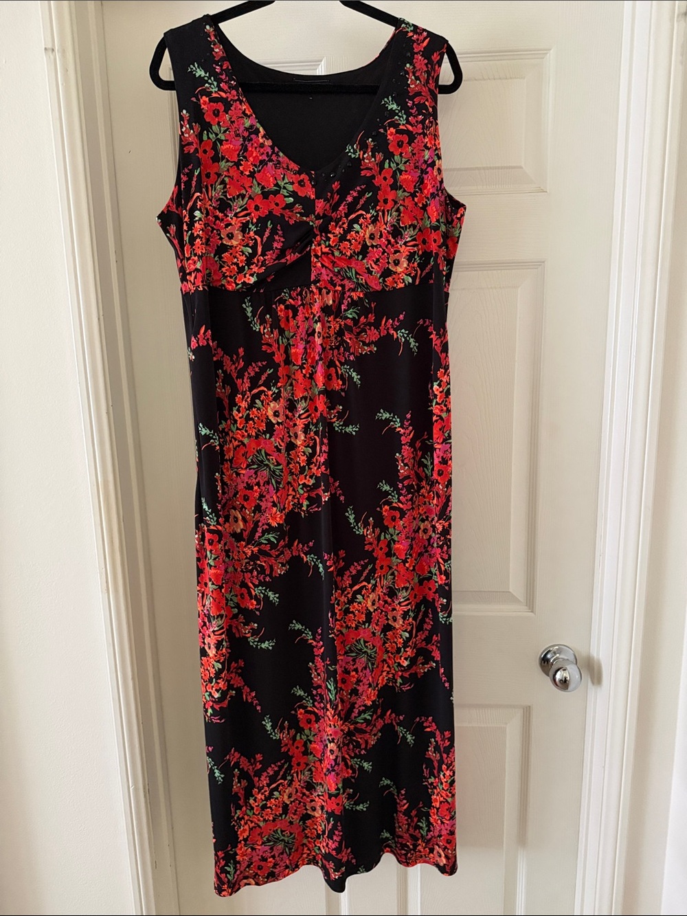 Elementz Black Maxi Dress with Red, Green and Pink Floral Print